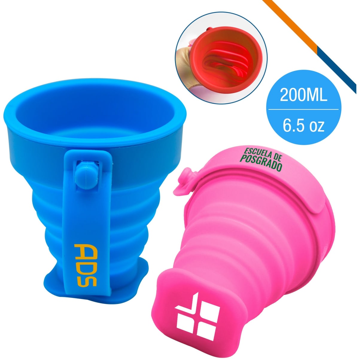A foldable silicone travel cup in blue and pink, featuring a logo and a convenient collapsible design.