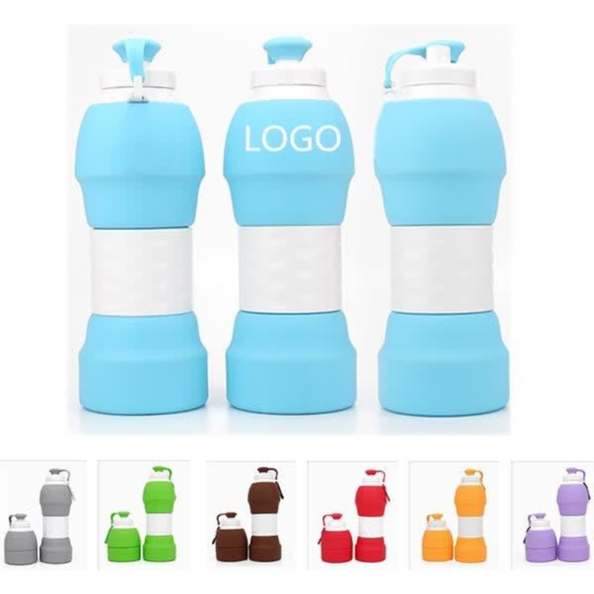 A drink bottle collection featuring silicone folding bottles in blue, grey, and purple, with a logo on one.
