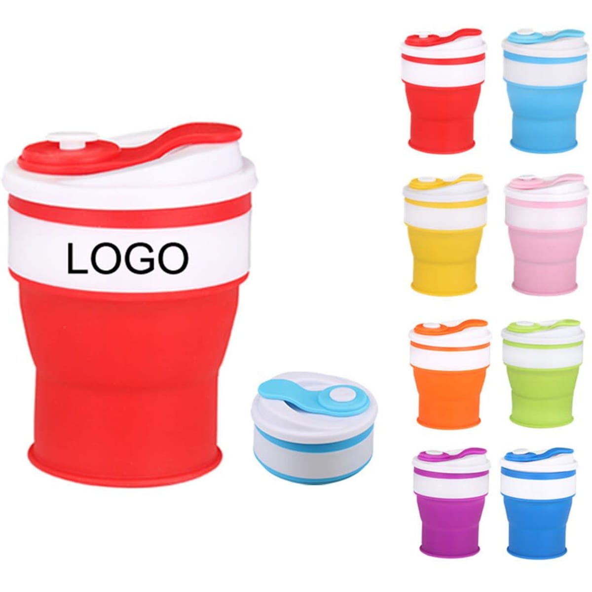 A drink bottle in various colours, featuring a folding design and a logo, displayed alongside multiple options.