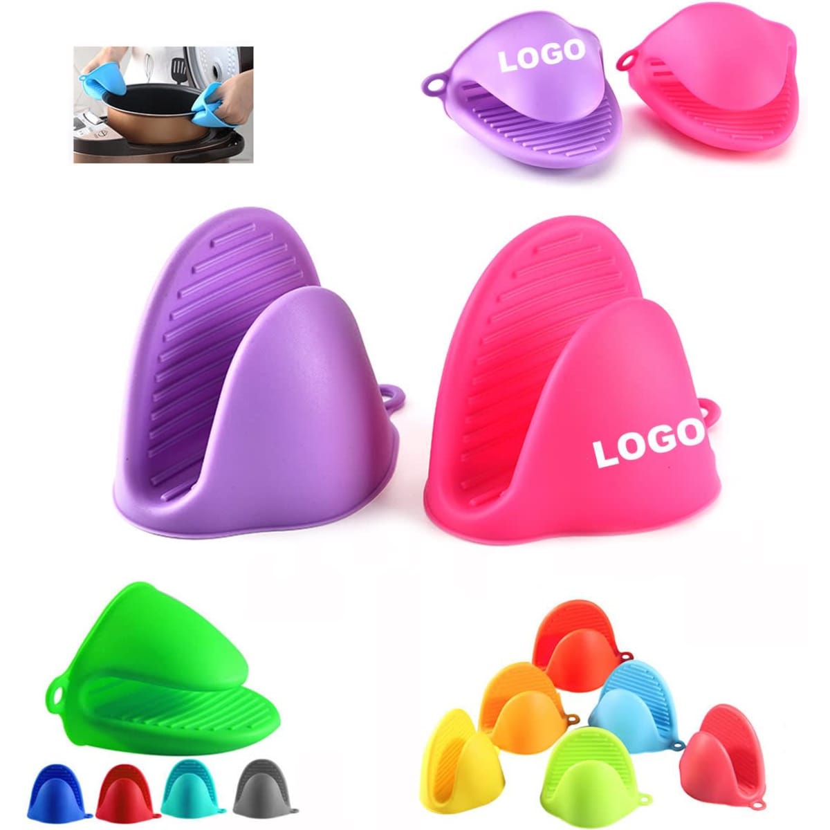 Heat resistant silicone oven mitts in various colours including pink, purple, green, and red, with a logo on some.