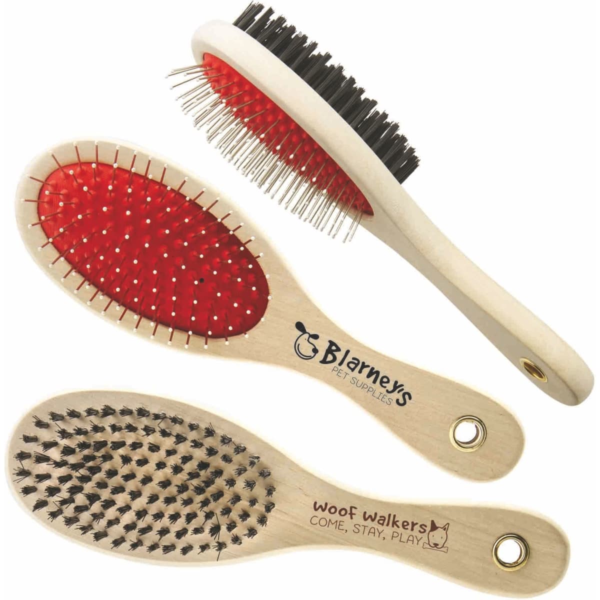 A double-sided pet brush with a red bristle side and a black bristle side, featuring wooden handles and logos.