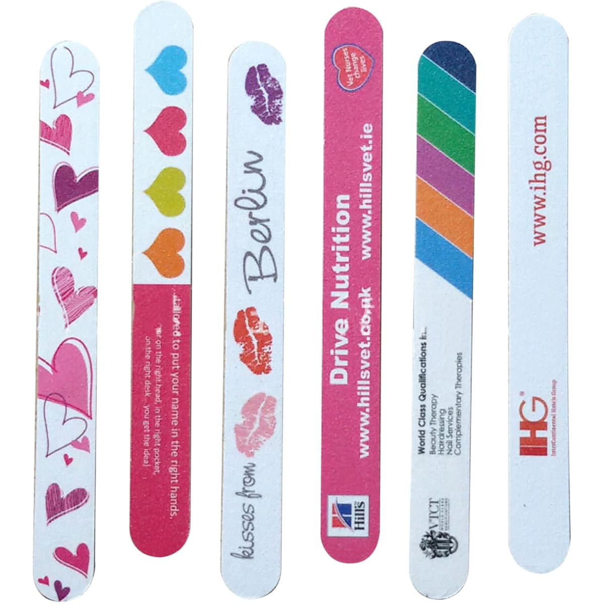 A set of nail filers featuring various designs and colours, including pink, purple, and multicoloured patterns.