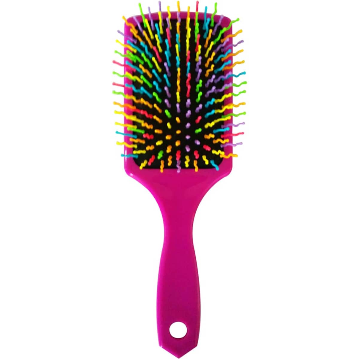 A bright pink hairbrush with multicoloured bristles, featuring a sleek handle and a logo.