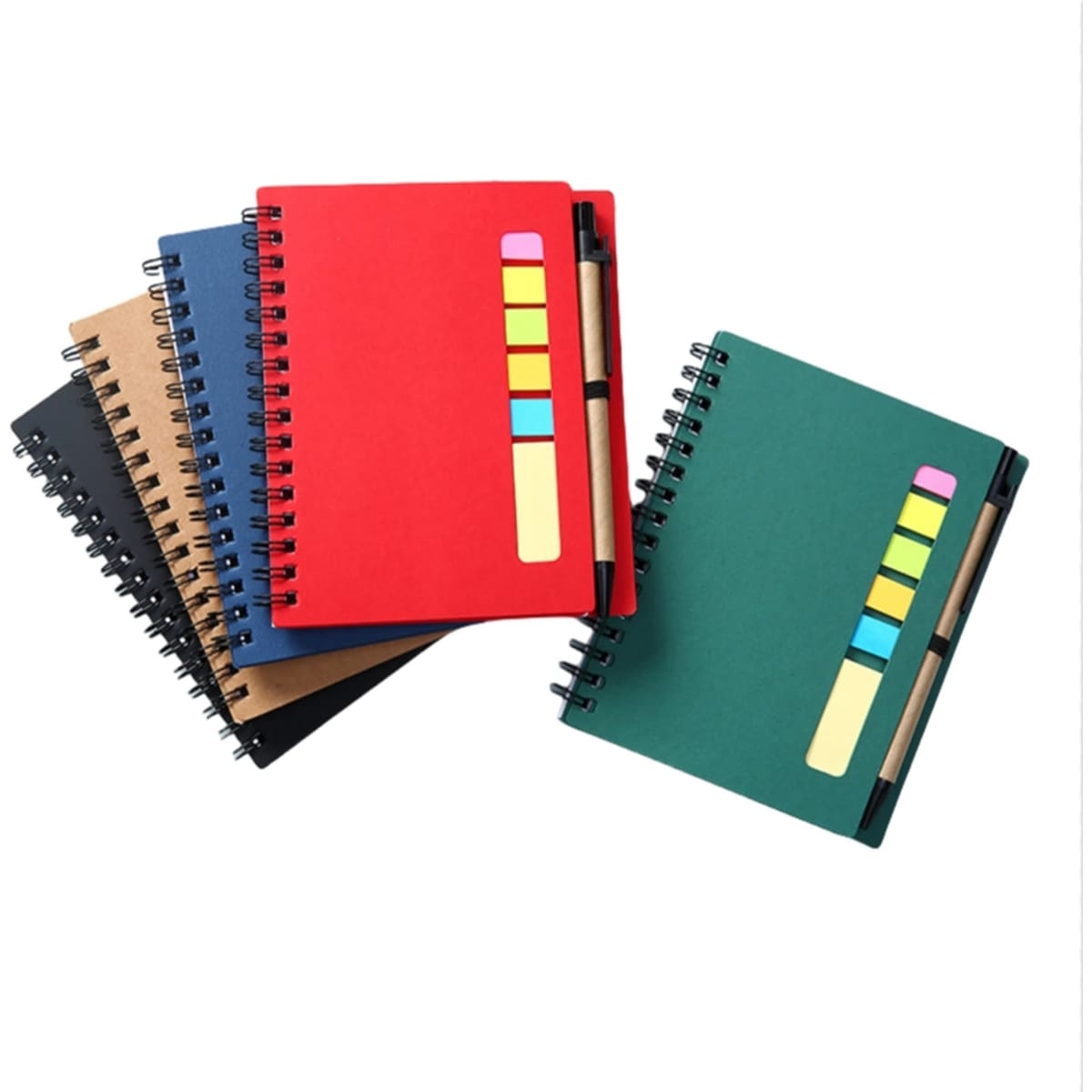 A collection of colourful notebooks in red, green, blue, black, and brown, each with a pen and sticky notes.