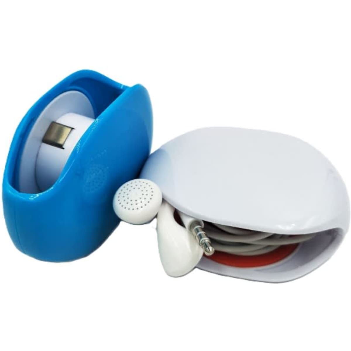 A blue and white cord winder designed for tidying cables, featuring a compact, rounded shape.