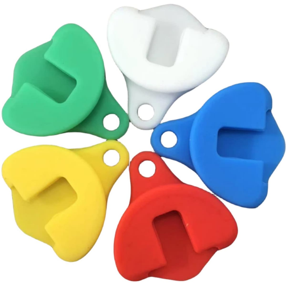 A collection of five beverage can openers in green, white, blue, yellow, and red, featuring a logo on each.
