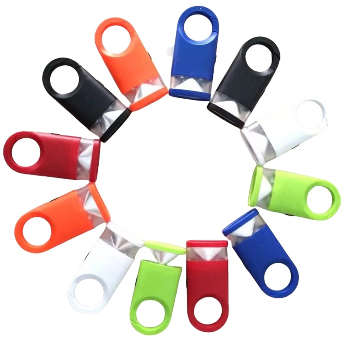A circular arrangement of colourful carabiner LED key rings in red, orange, blue, black, green, white, and grey.