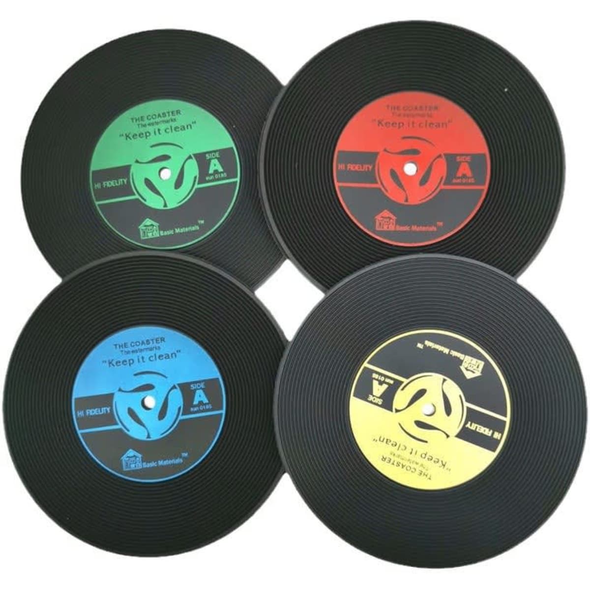 Four round coasters resembling vintage vinyl records in black, red, blue, and green, each featuring a circular logo.