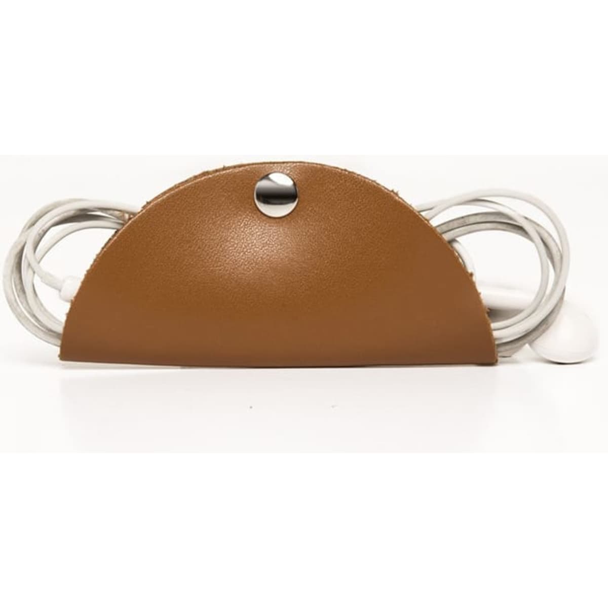 A leather cord keeper in a tan colour, designed to organise and tidy cables, featuring a button closure.