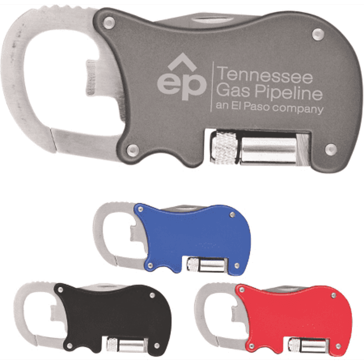 A drink bottle opener carabiner in grey, blue, black, and red, featuring a flashlight and knife. Includes a logo.