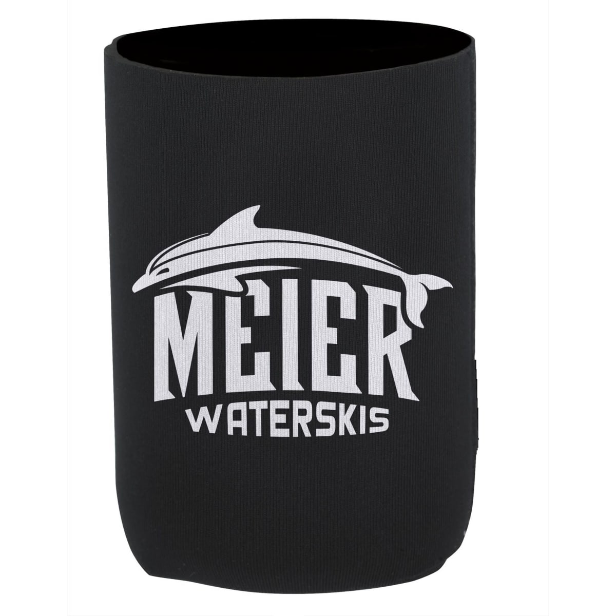 A black bottle cooler featuring a dolphin design and a logo. It is cylindrical in shape.