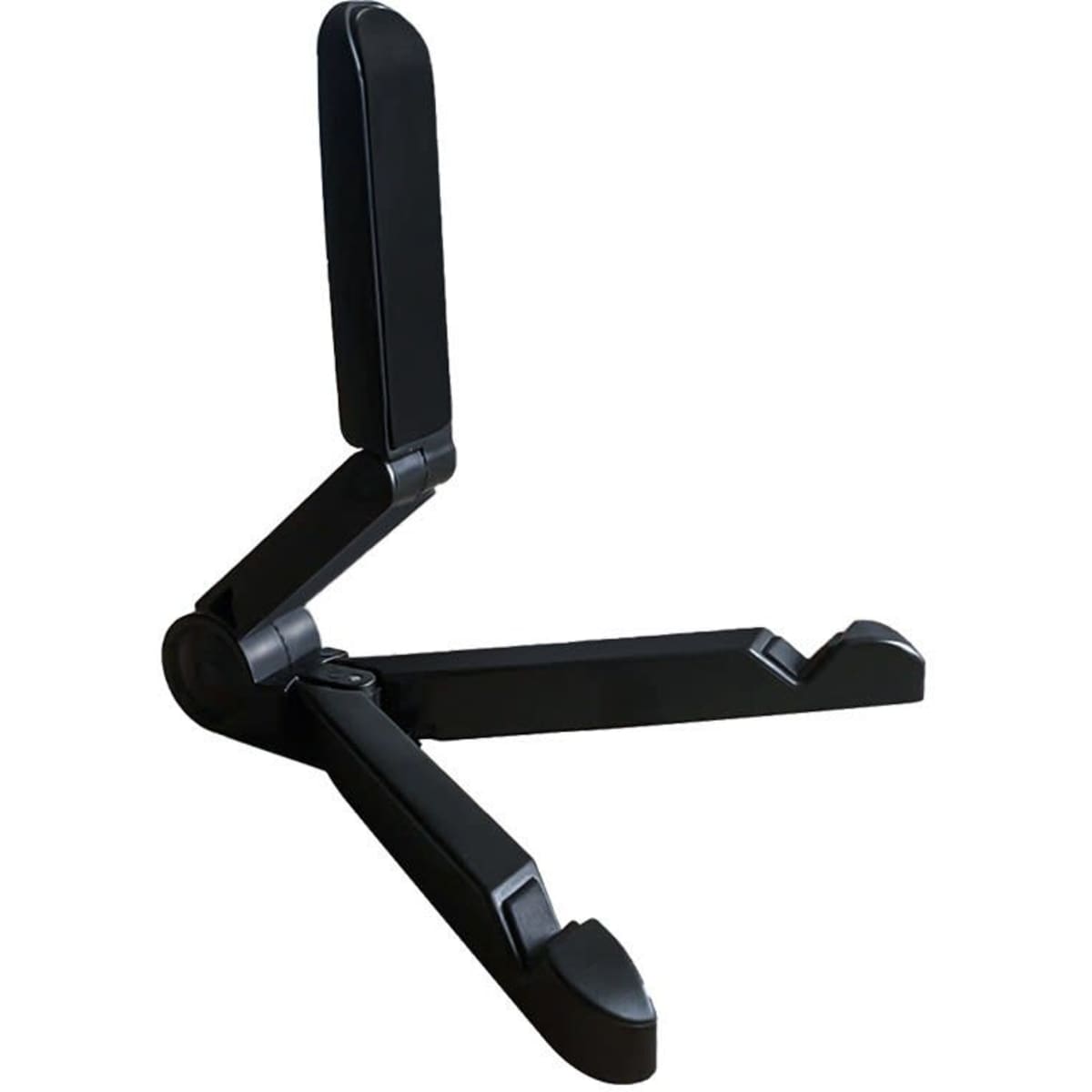 A foldable black stand designed for tablets and phones, featuring adjustable angles and a sturdy base.