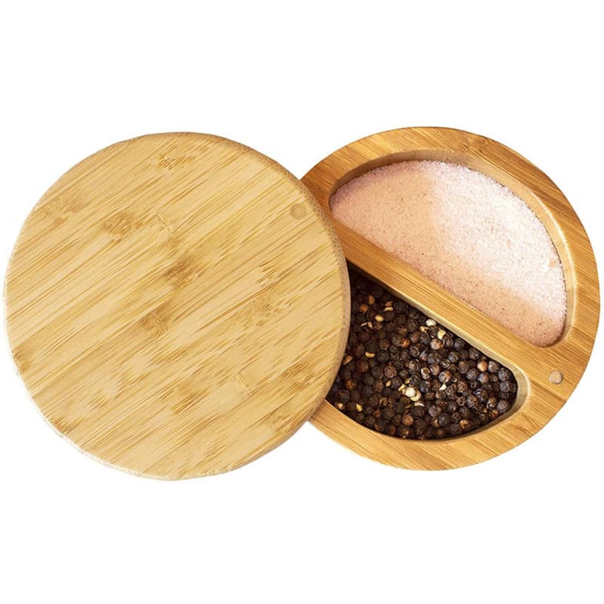 A salt keeper with a bamboo lid, featuring two compartments for pink salt and black pepper.