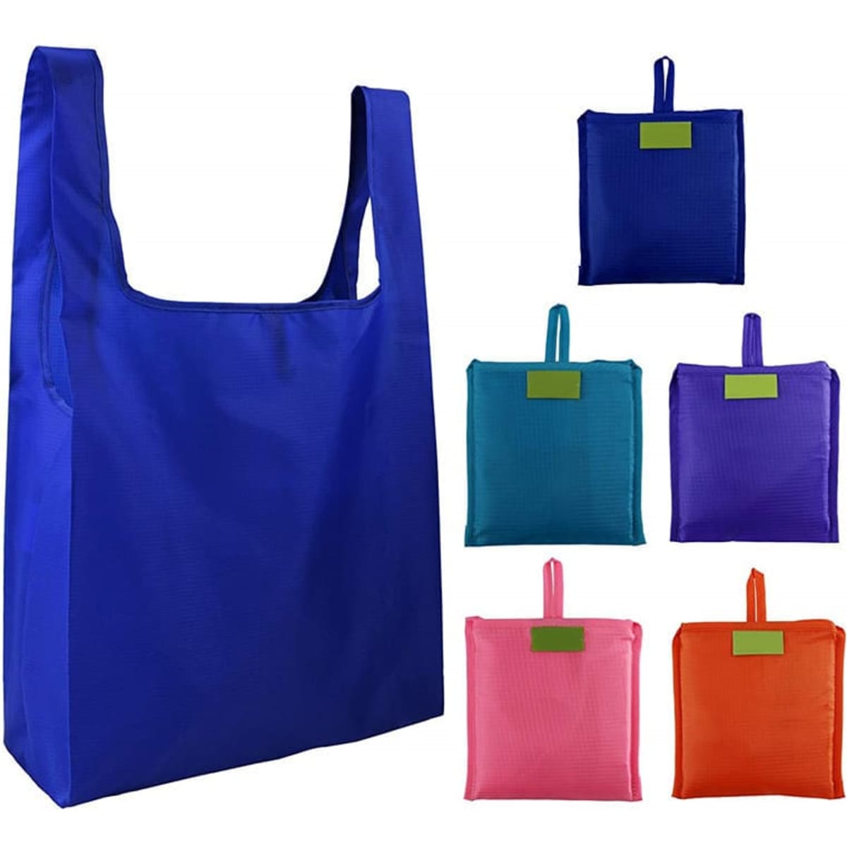 A blue foldable shopping bag alongside five smaller bags in purple, teal, pink, and orange, with a brand logo.