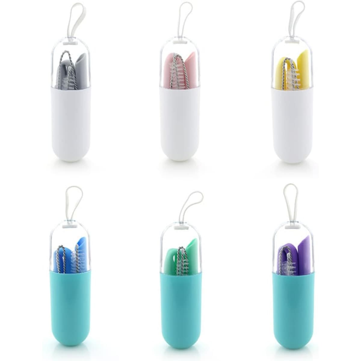 A silicone straw kit featuring six coloured straws in various cases: white, pink, yellow, turquoise, and purple.
