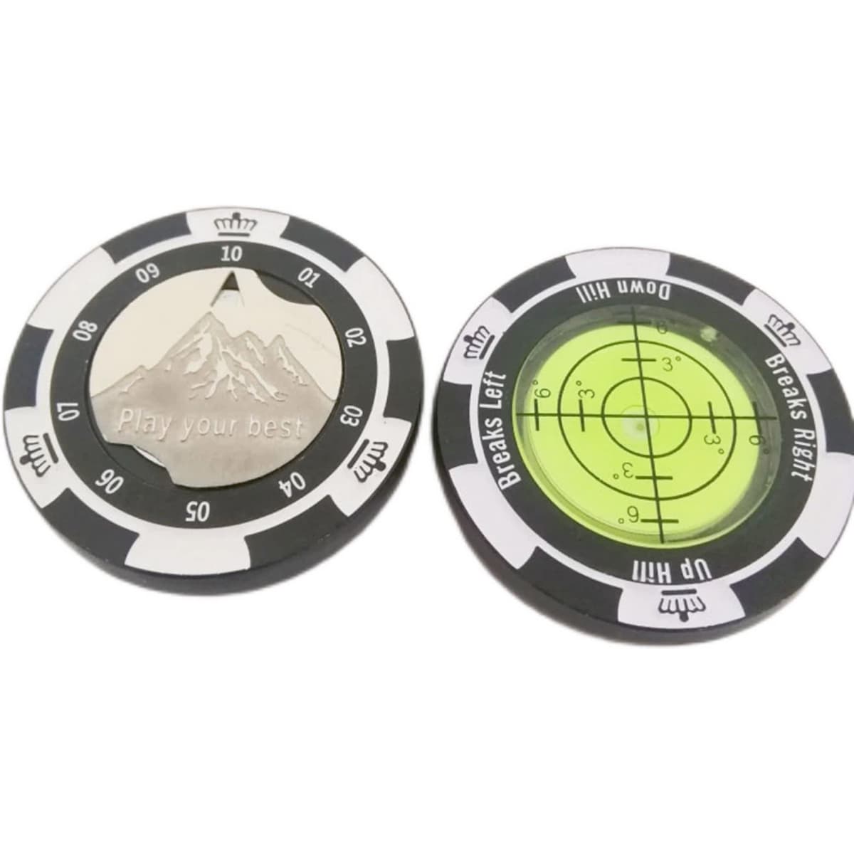 A magnetic golf ball marker featuring a silver mountain design and a green precision reading layout with black accents.