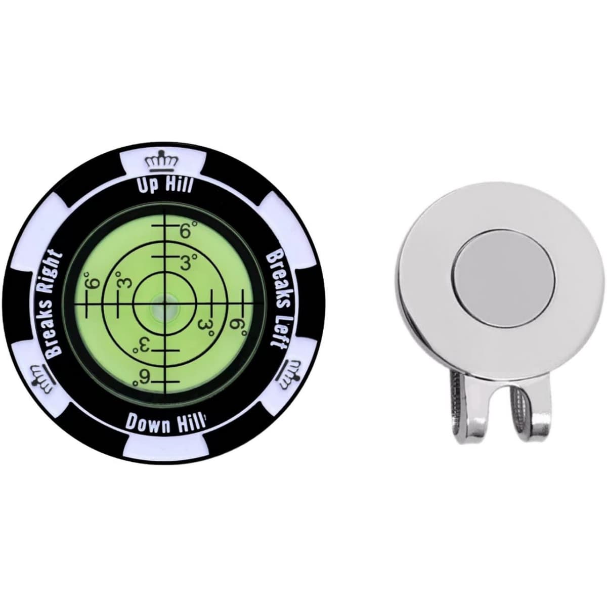 A magnetic green reader ball marker in green and black, paired with a silver hat clip, featuring a circular design.