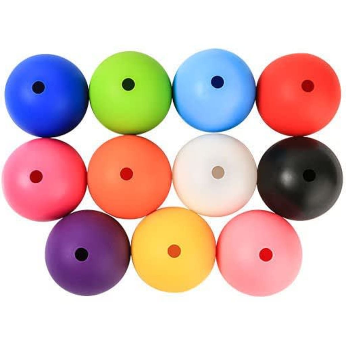 A collection of twelve ice ball moulds in various colours including blue, green, red, orange, black, and purple.
