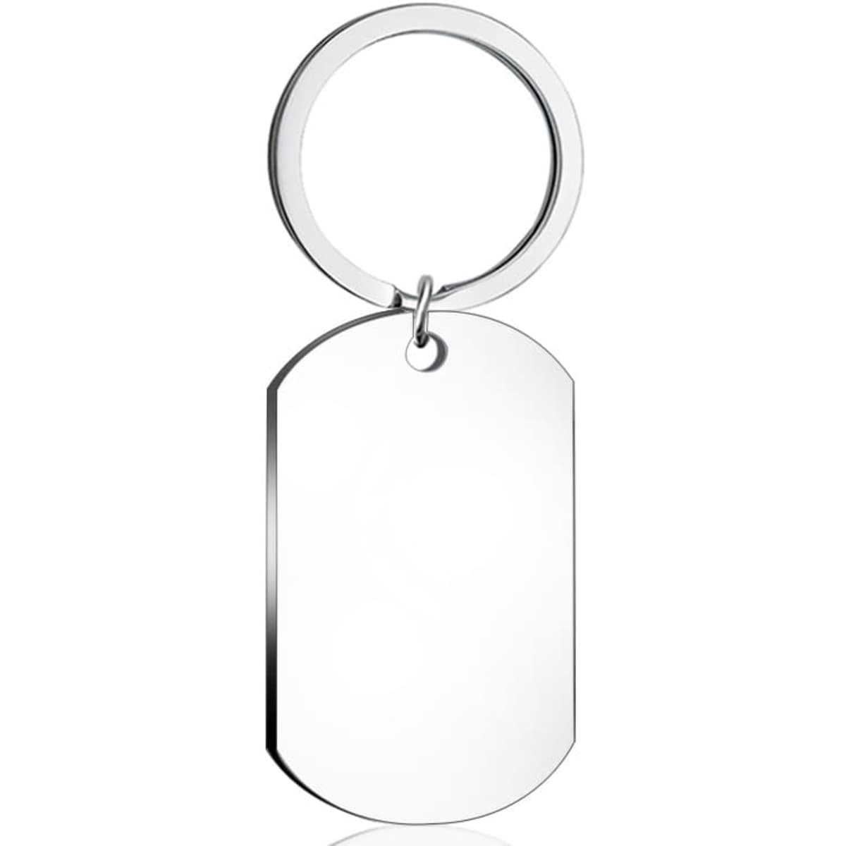 A stainless steel keychain with a shiny, rectangular tag and a circular keyring. The surface is blank and reflective.