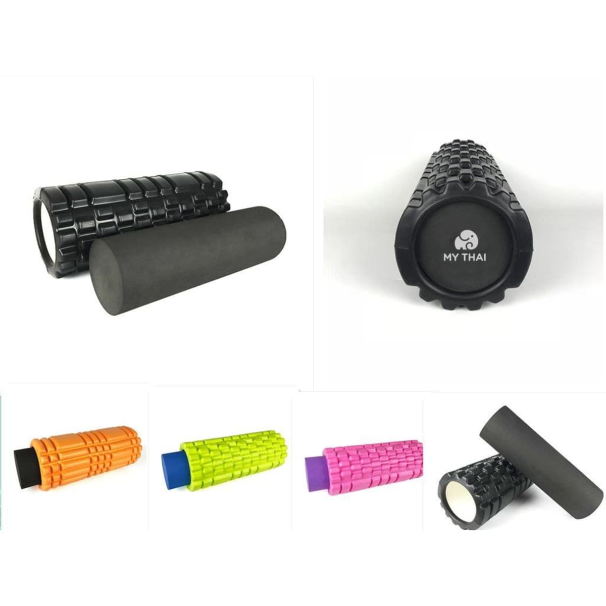 Extreme Muscle Foam Yoga Rollers in black, orange, green, pink, and purple with closed ends, featuring a logo.