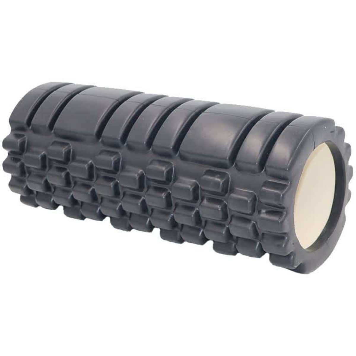 A black foam yoga roller with a textured surface, featuring a smooth centre and an overall cylindrical shape.