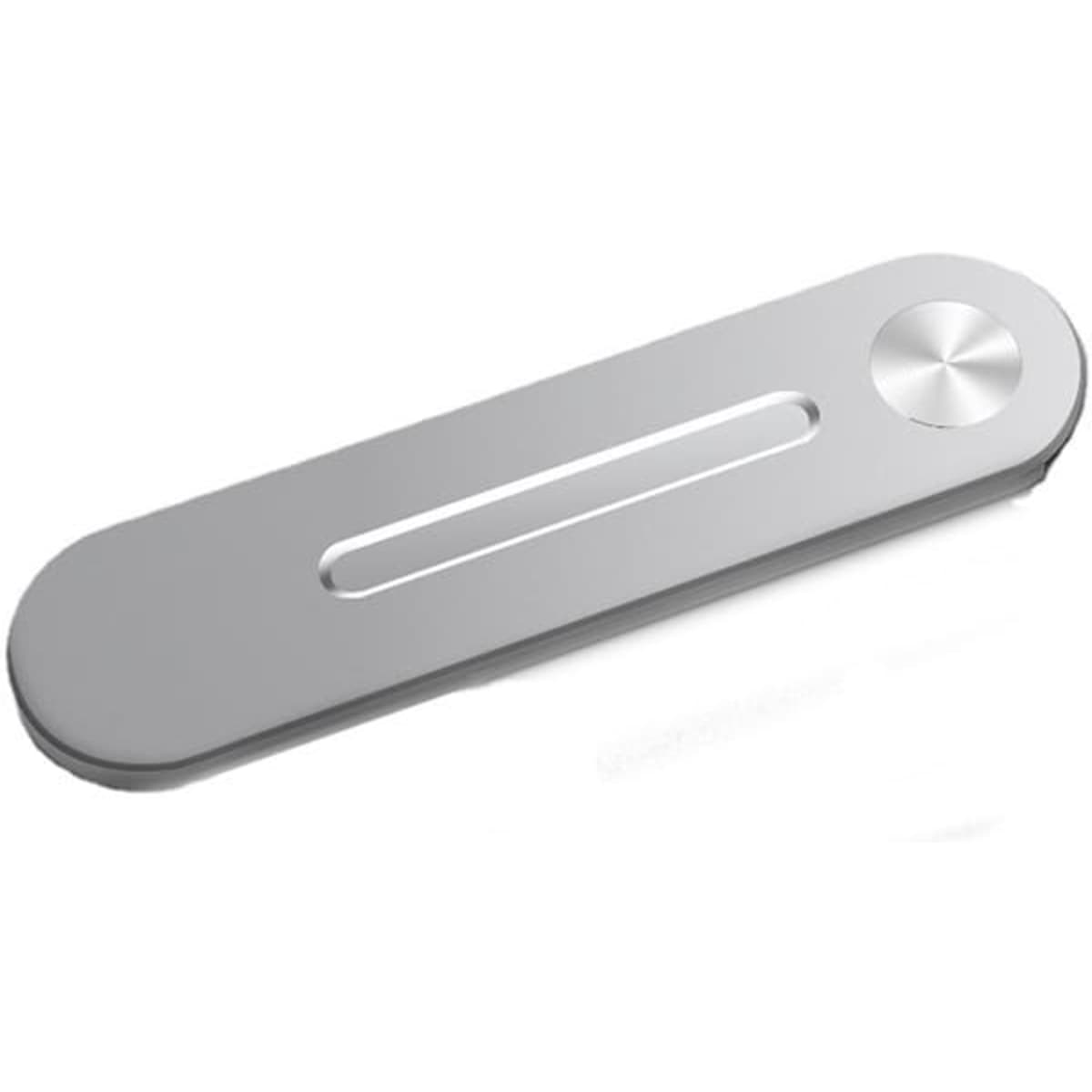 A silver magnetic laptop side mount clip with a rounded edge and a circular button. It has a minimalist design.