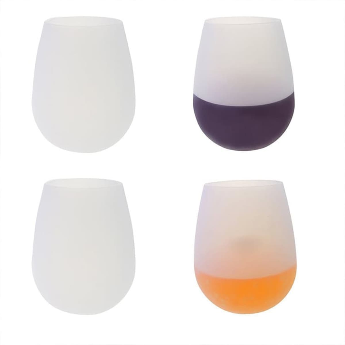 Four foldable silicone wine glasses in various colours: translucent white, purple, orange, and a gradient style. Each has a soft finish and a branding logo.