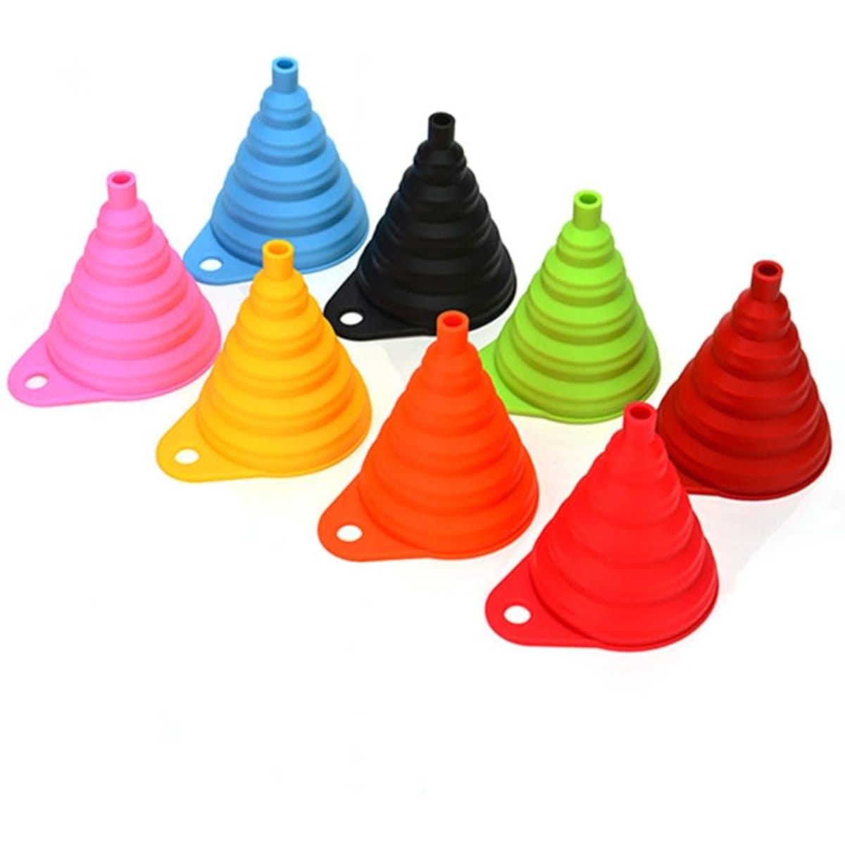 A collection of silicone collapsible funnels in pink, blue, black, green, orange, and red, arranged in a line.