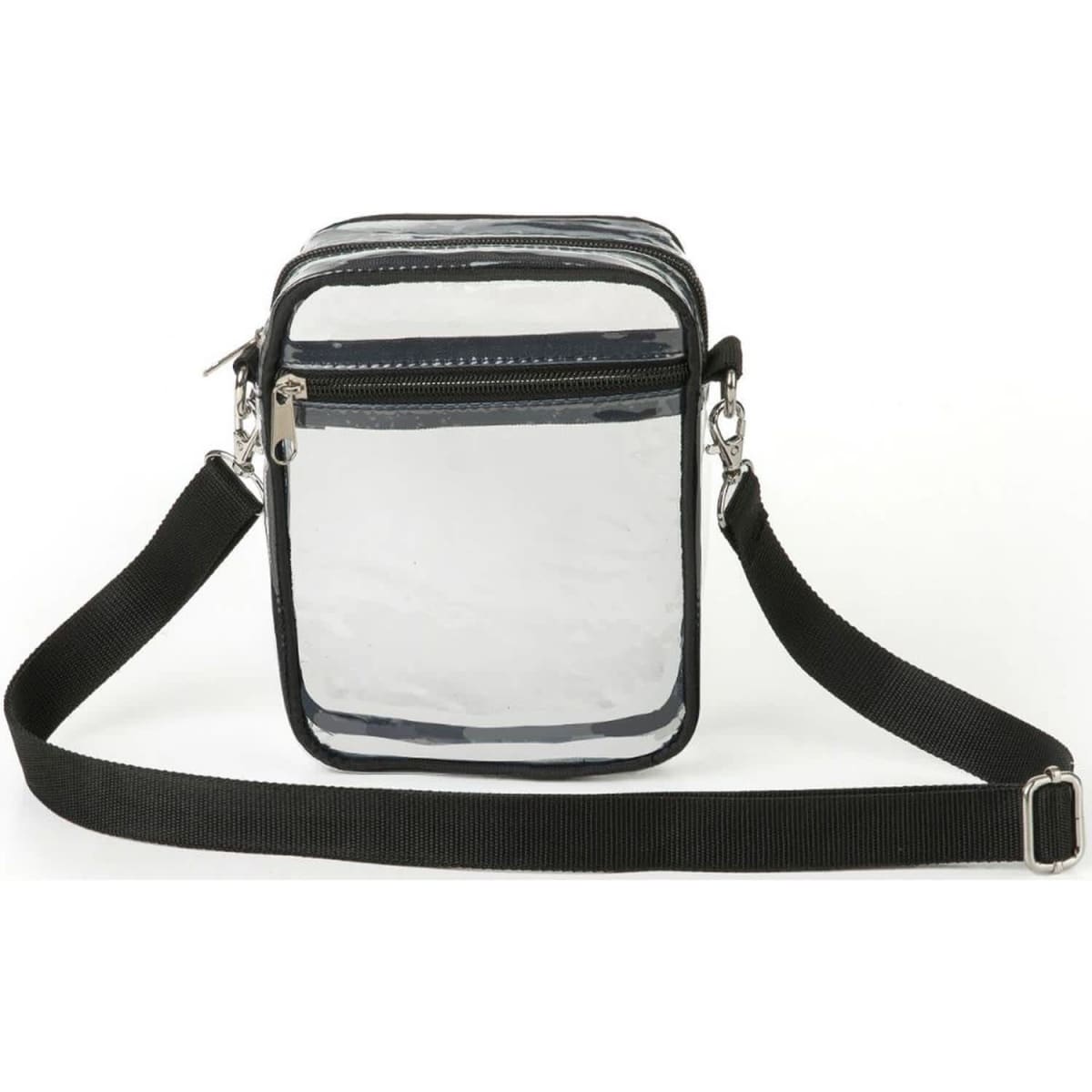 A transparent PVC crossbody bag with a black trim and adjustable strap, featuring a zippered closure.