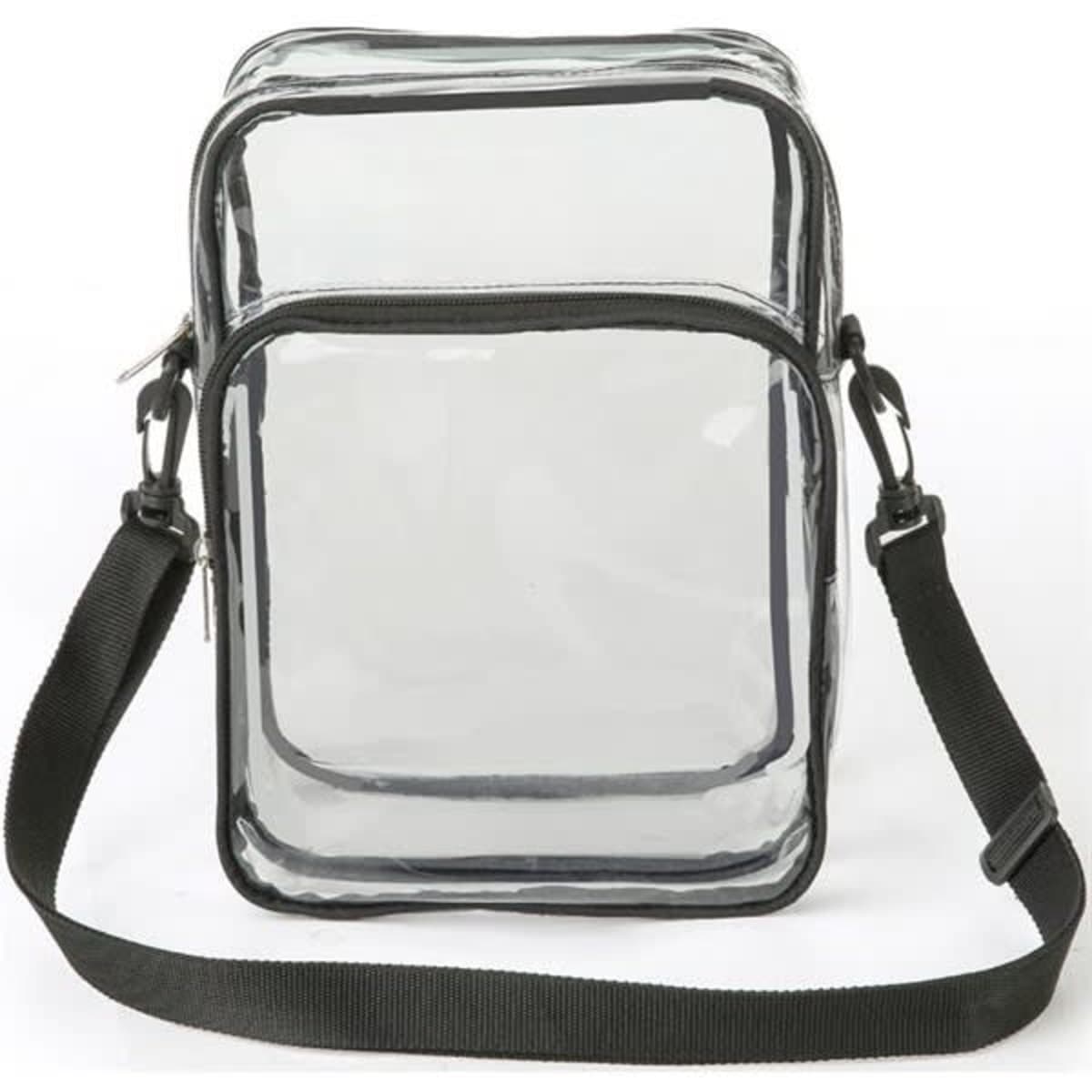 Clear PVC crossbody messenger shoulder bag with a black adjustable strap. Features two transparent compartments.