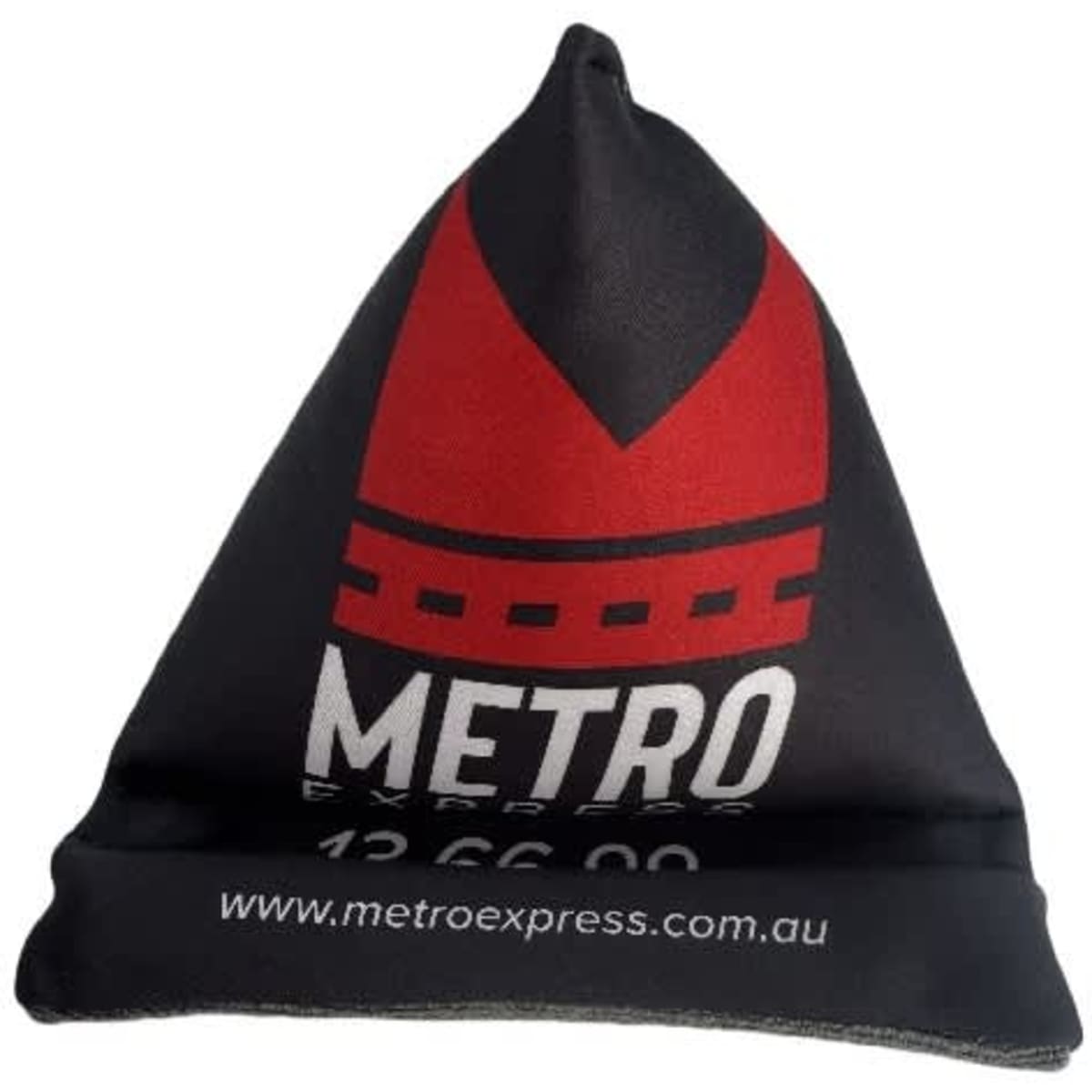 A black and red drink bottle cooler in a conical shape with a logo and text printed on it.