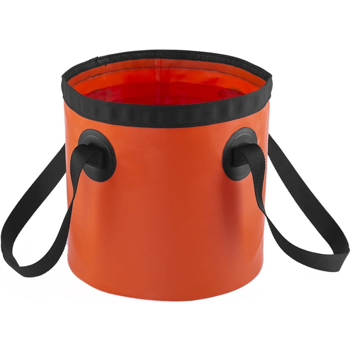 A portable water pail in bright orange with black handles and a contrasting inner lining. It features a logo.
