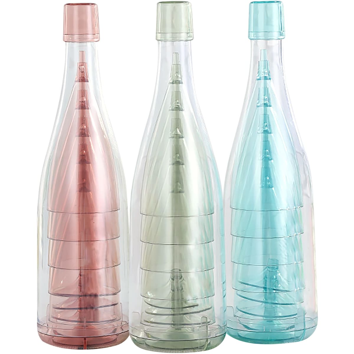 A set of three plastic drink bottles in rose, green, and blue, featuring a stacked design and one logo visible.