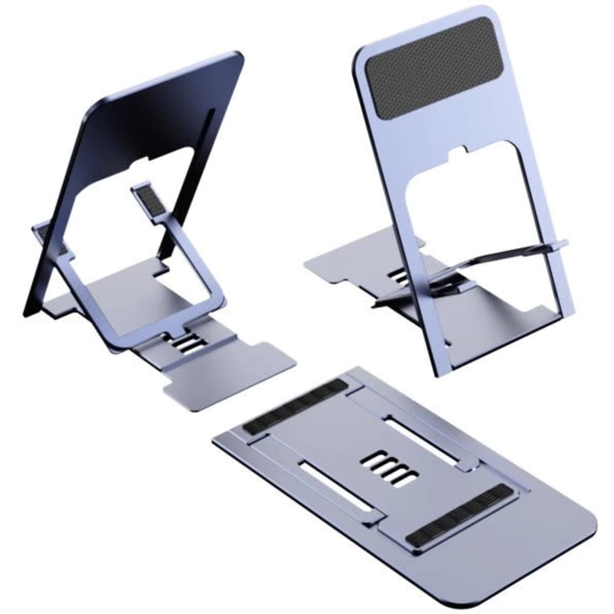 A desktop mobile phone holder stand in grey, featuring an adjustable design with a sleek, modern look.