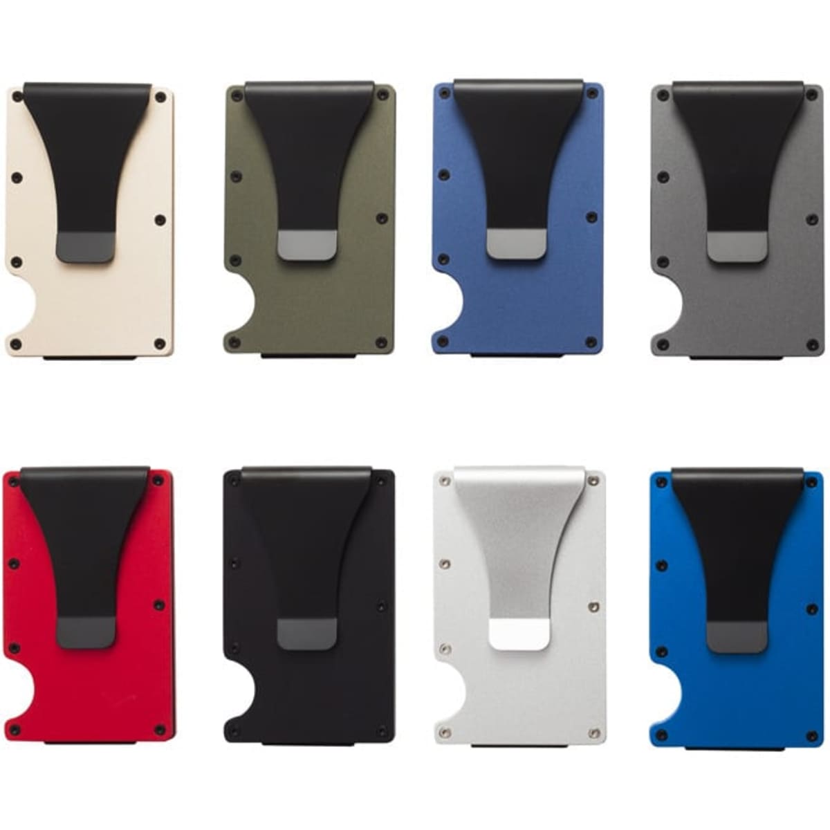 A selection of eight Metal Men's Clip Wallets in colours: beige, olive, blue, grey, red, black, silver, and blue.