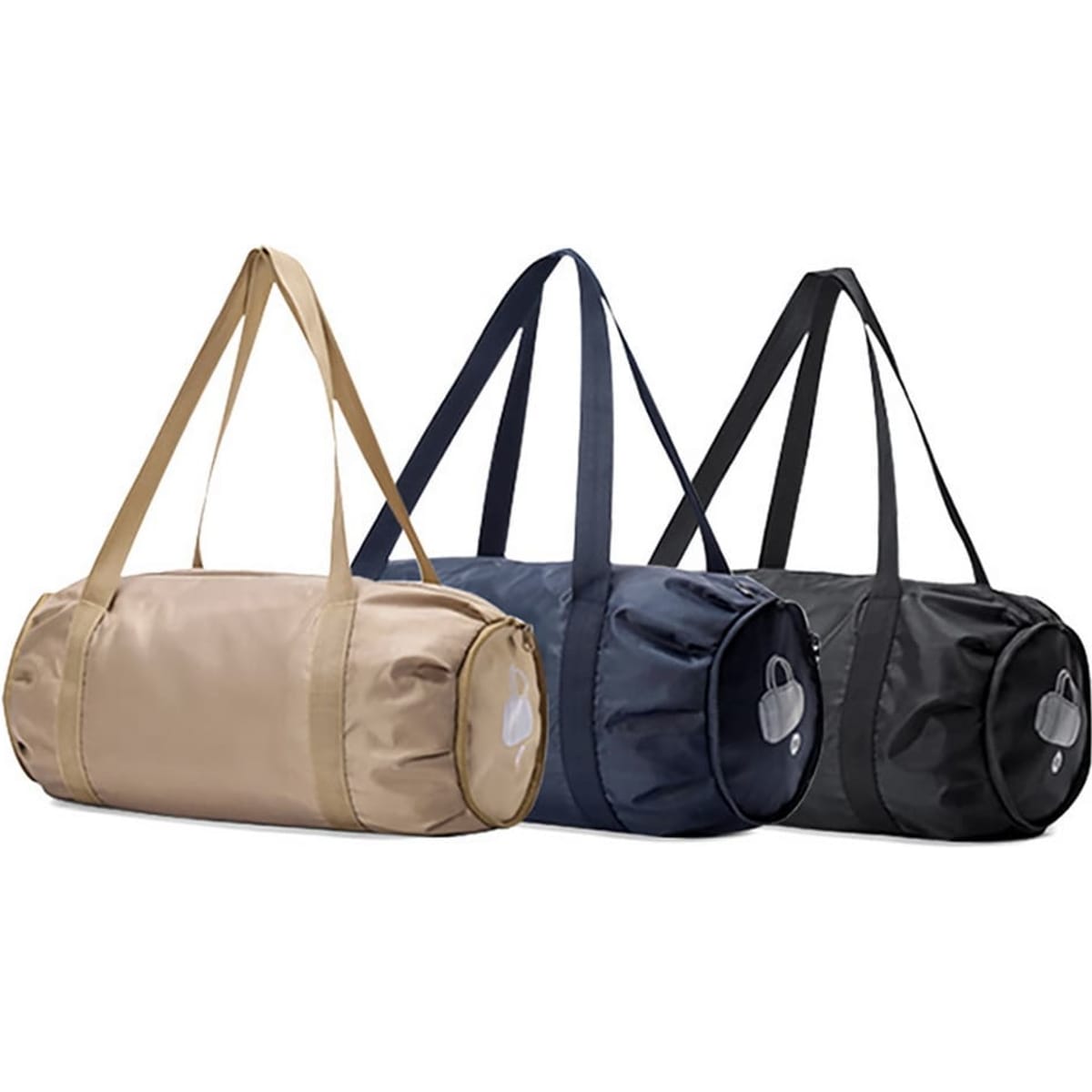 Three collapsible duffel bags in beige, navy, and black, featuring sturdy handles and a logo on each bag.