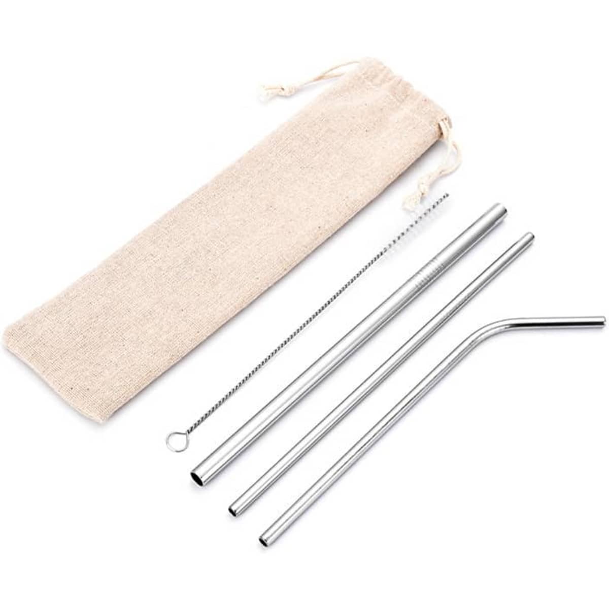 A stainless steel straw set in silver, including straight and bent straws, a cleaning brush, and a storage pouch.
