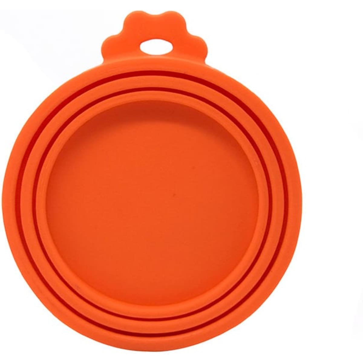 An orange silicone can lid with a circular shape and a tab for easy removal. It features three concentric grooves.
