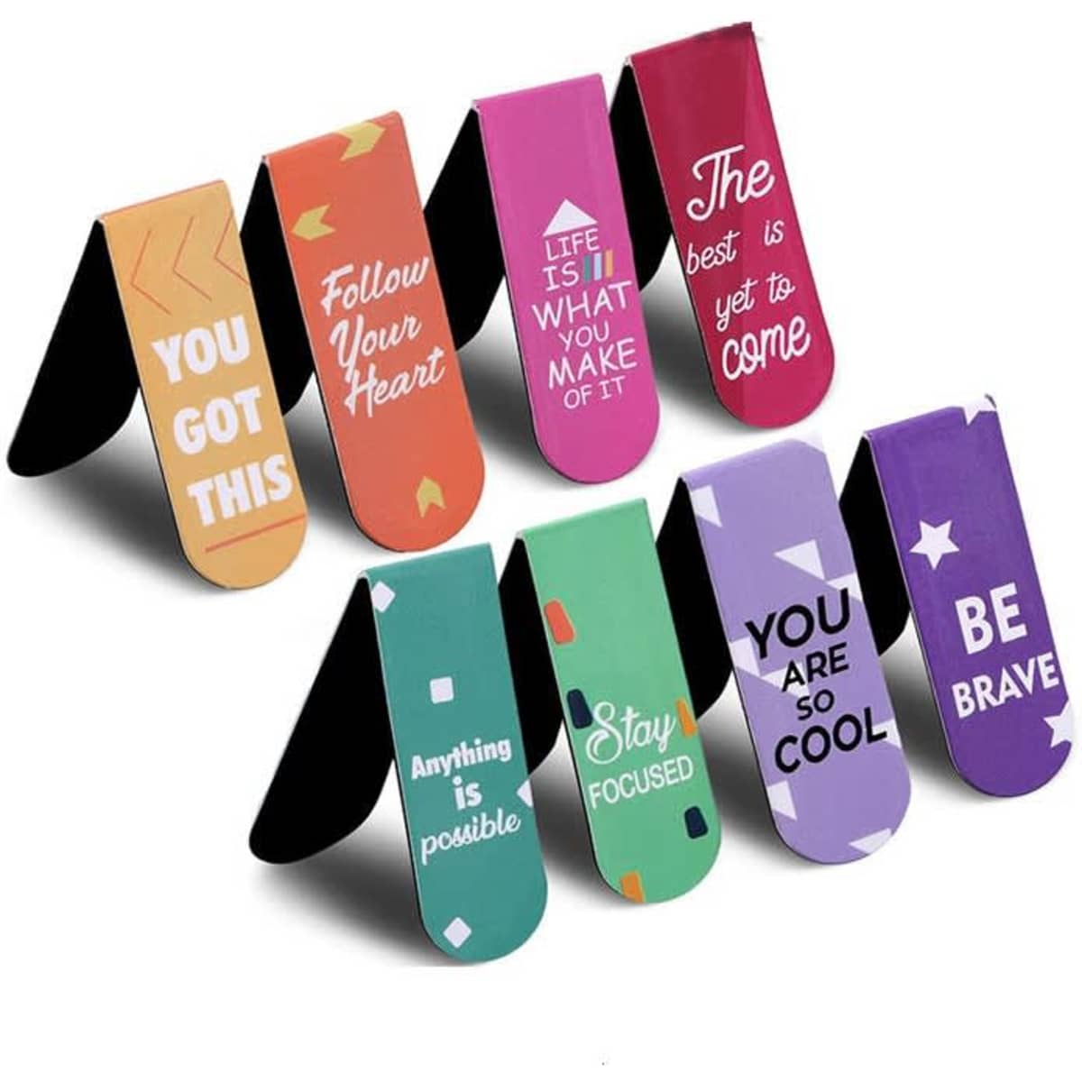 A collection of colourful foldable paper clips featuring inspirational quotes and a branding logo.