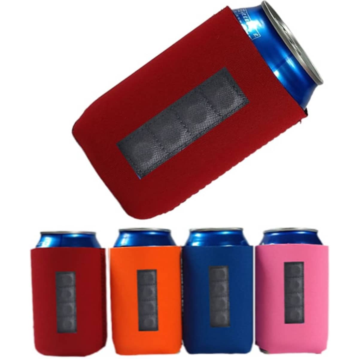 A drink bottle is in a red magnetic can cooler, with orange, blue, and pink coolers displayed alongside it. Each has a logo.