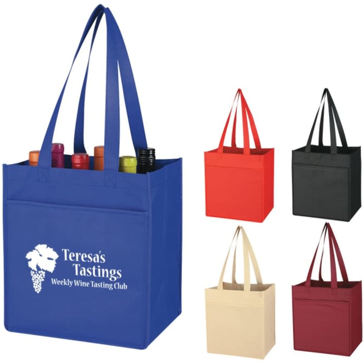 A drink bottle tote bag with six compartments, available in blue, red, black, and cream, featuring a logo.