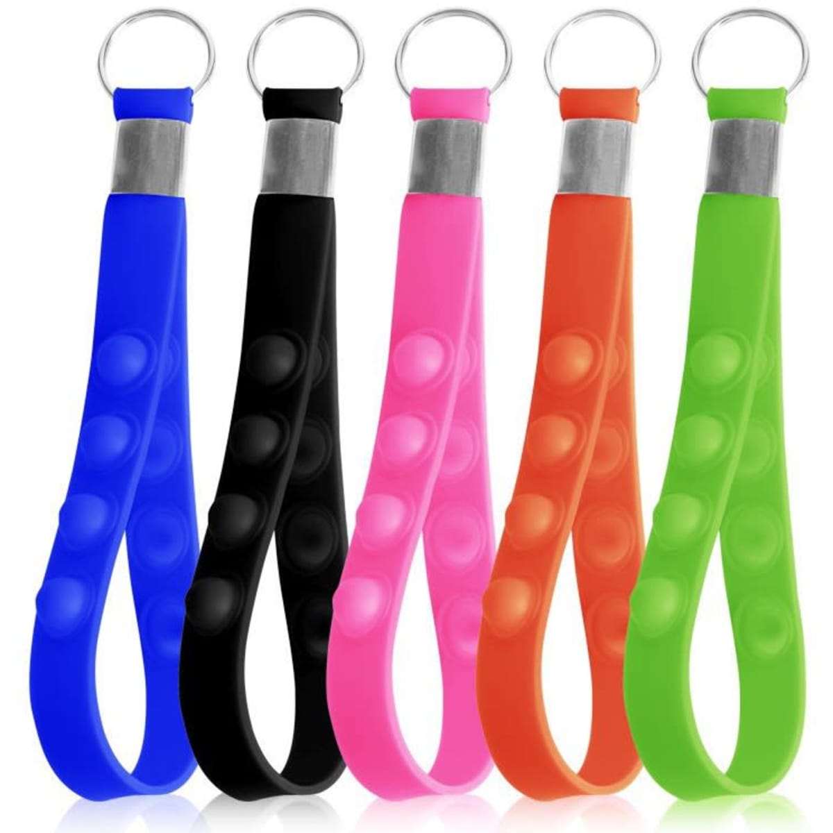 A collection of five push pop stress reliever keychains in blue, black, pink, orange, and green, each with a metal ring.