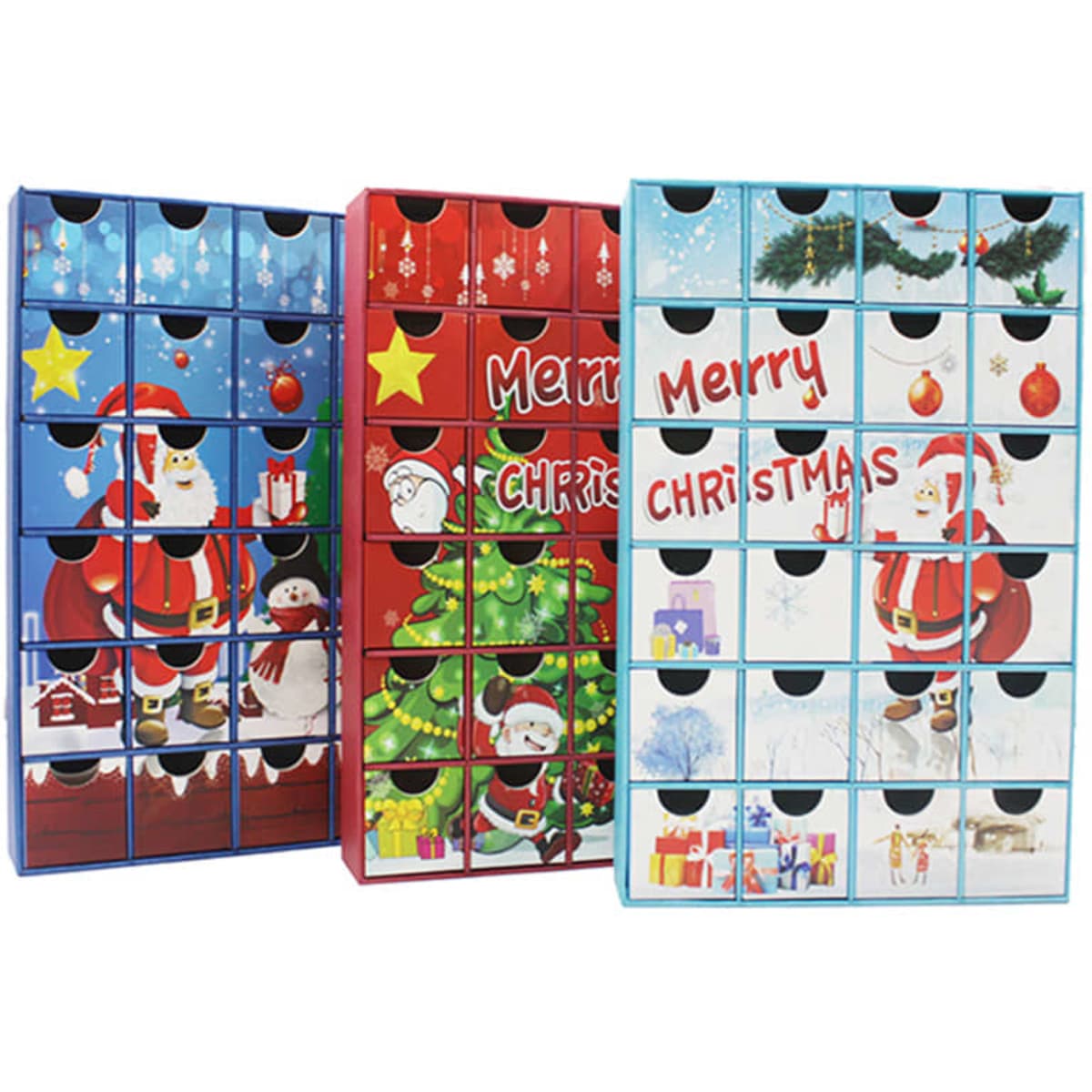 A set of three themed advent calendars featuring festive designs in red, green, and blue with drawers for treats.