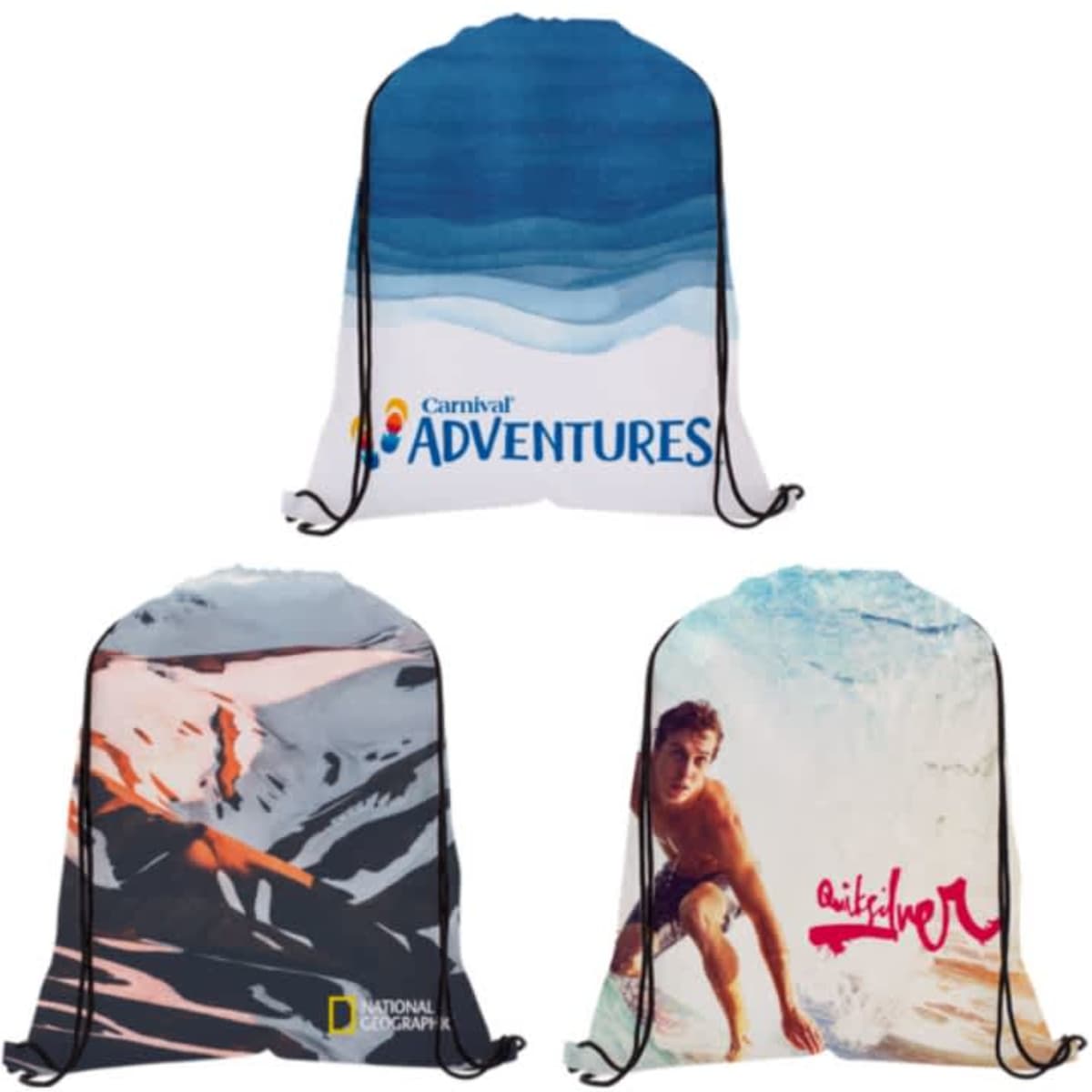 Three dye-sublimated drawstring backpacks in blue, white, and a mix of colours, each featuring unique designs and logos.