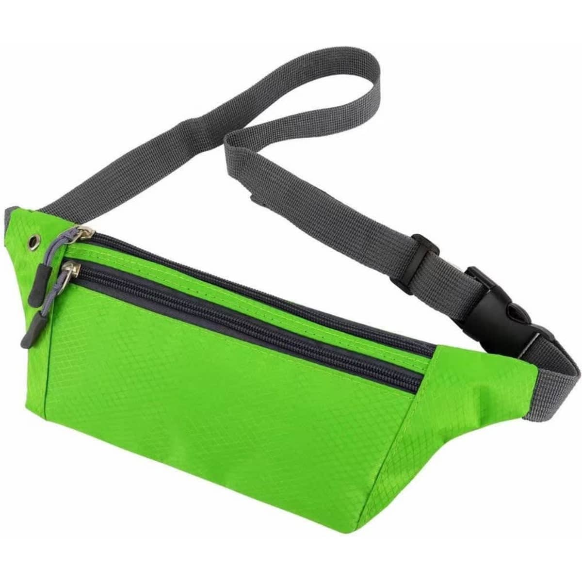 A vibrant green fanny pack with three zippered compartments and an adjustable grey strap. It features a logo.