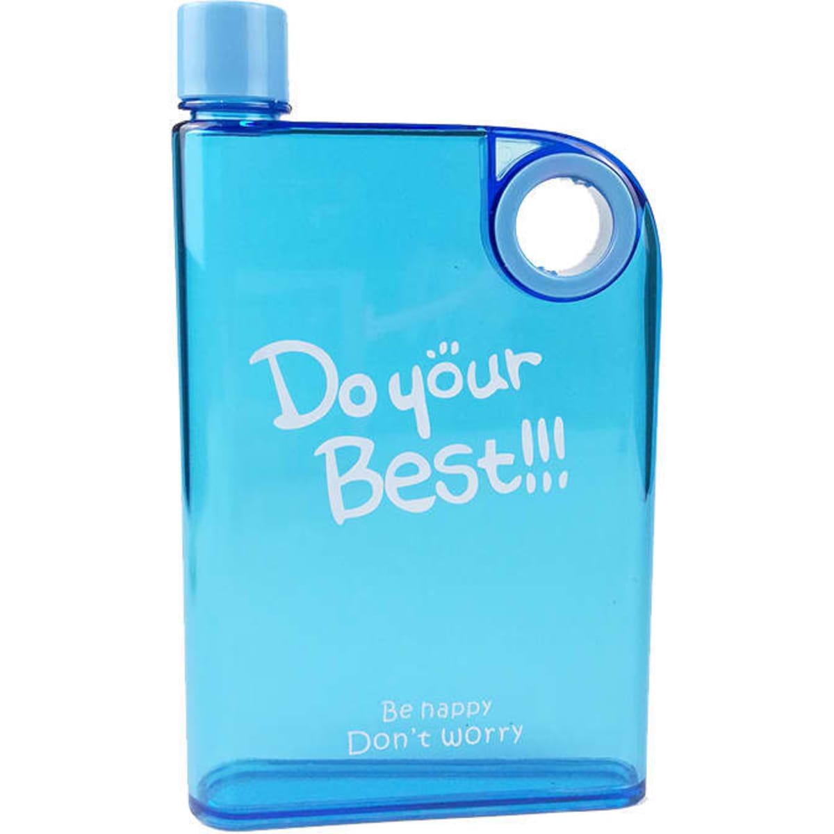 A drink bottle in a transparent blue colour, with a unique flat design and a round handle. It features a branding logo.