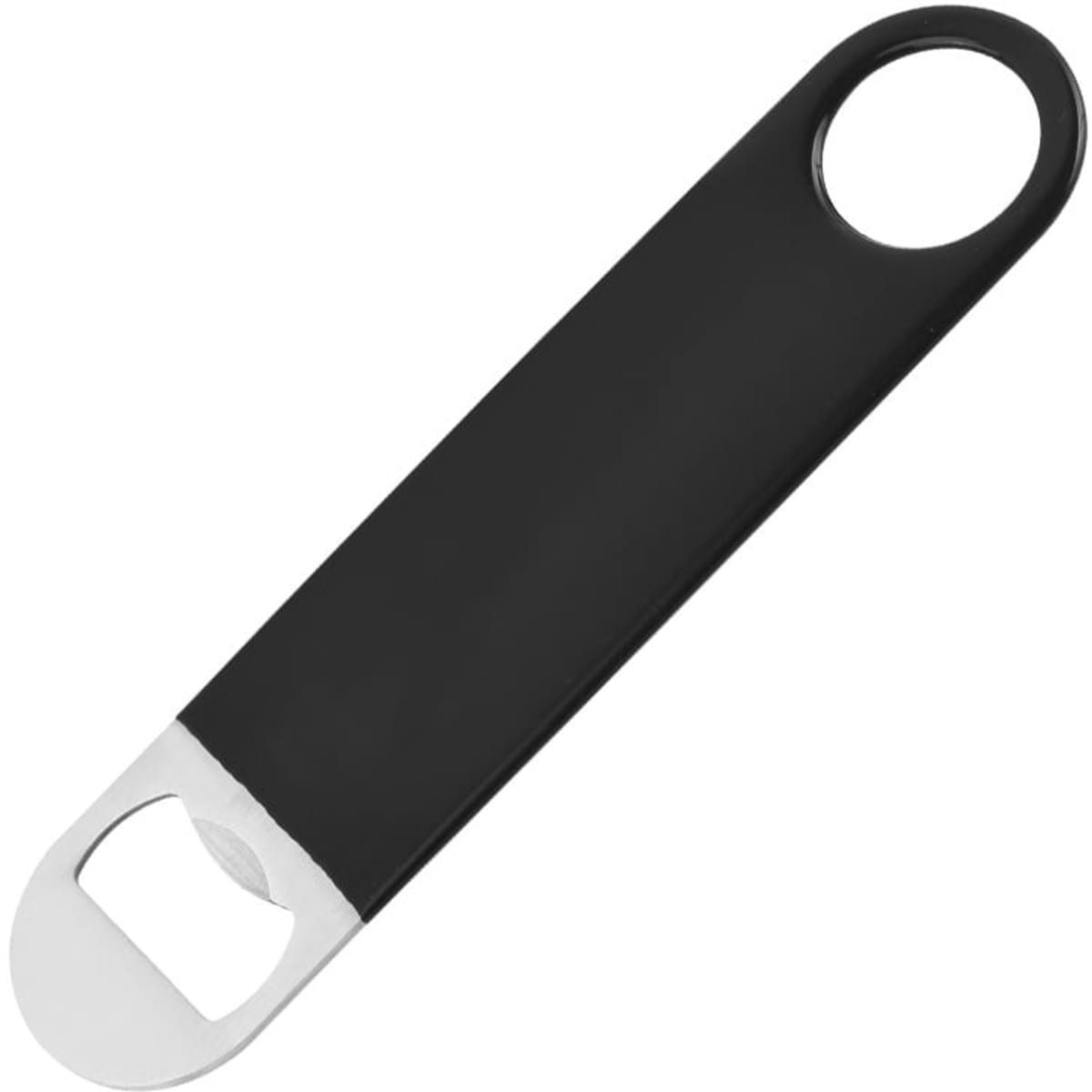A drink bottle opener featuring a stainless steel head and a sleek black PVC handle. It includes a logo on the handle.