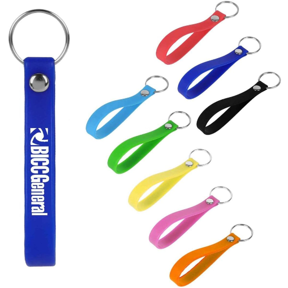 A collection of silicone bracelet keyrings in various colours: blue, red, green, yellow, pink, orange, black, and blue.