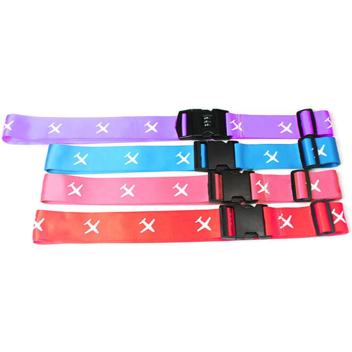 Four luggage straps in purple, pink, blue, and red, featuring a logo and plastic buckles.