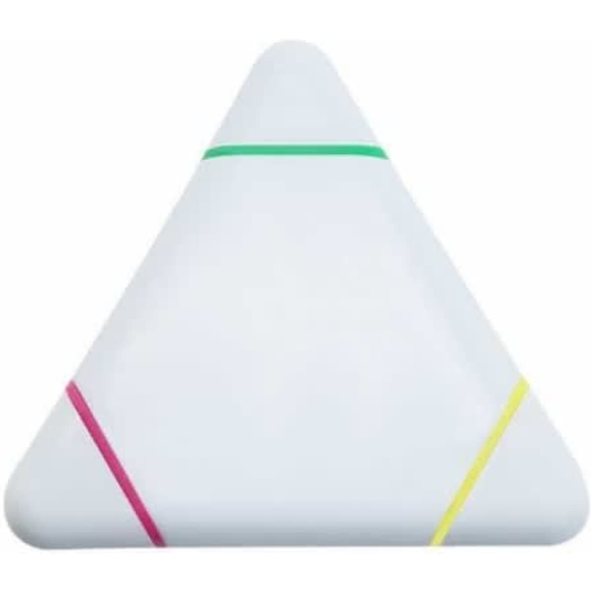 A triangular highlighter featuring three colours: green, pink, and yellow, with a smooth, white surface and a logo.